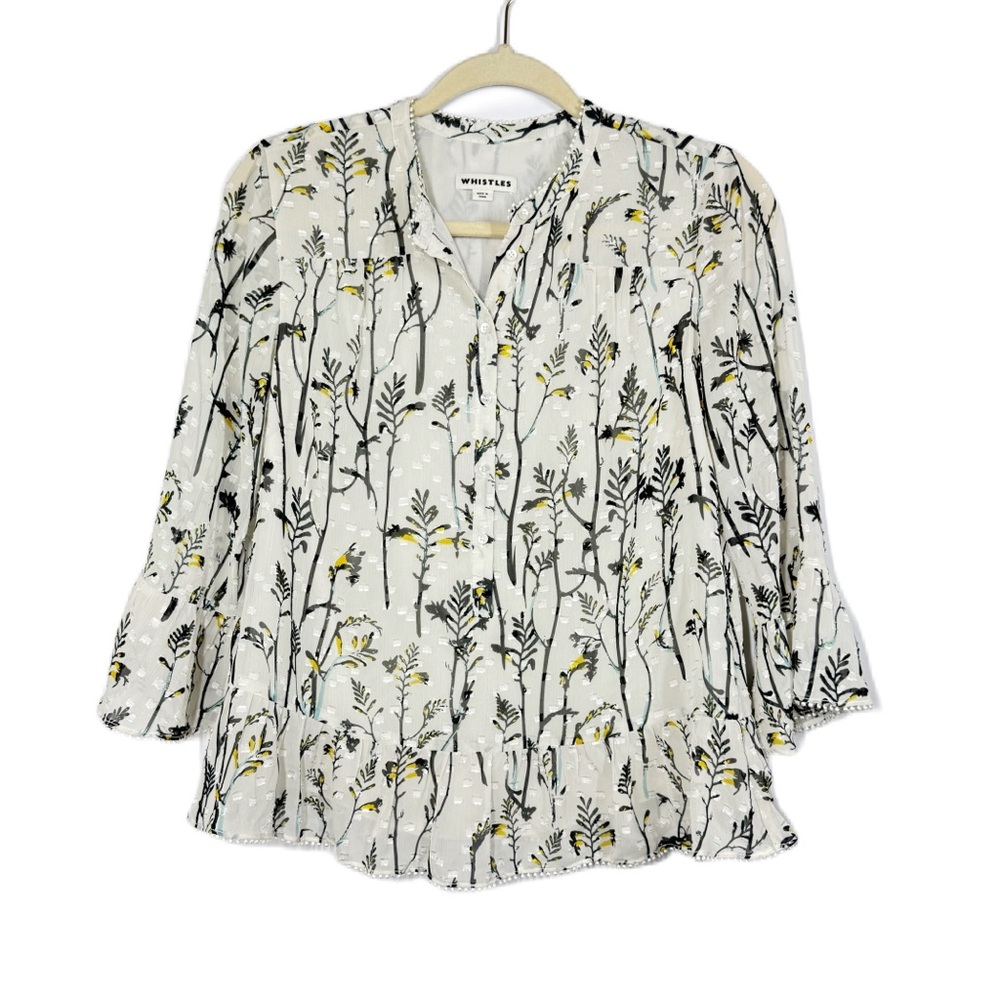 Whistles Floral Botanical Blouse US 2 Ivory Black Yellow Ruffle Peplum Top
